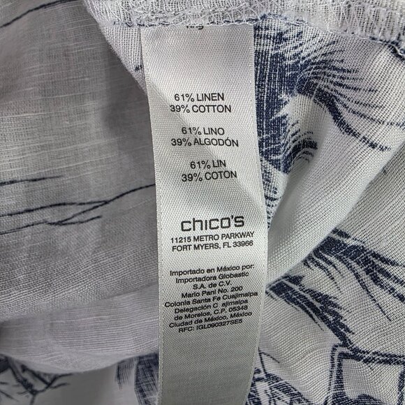 Womens Chico's White & Blue Hawaiian Linen Blend Shirt Button Up Rolled Sleeve 1 - Picture 3 of 8